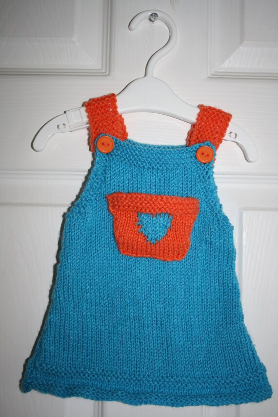 Hand Knitted Turquoise and Orange Pinafore Dress and Headband