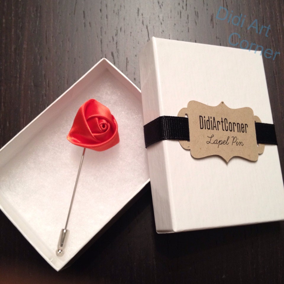 Flower Lapel Pin Elegant Handcrafted Coral Orange Satin Rose