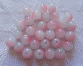30 Pink & Soft Blue Two Toned Opal Round Glass Beads 8mm
