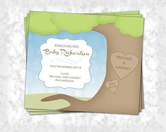 Pregnancy Announcement - 4 Cards with Envelopes - Tree Initials