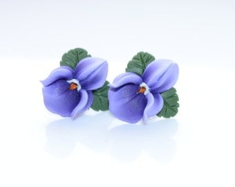 Viola flower earrings; sterling silver studs