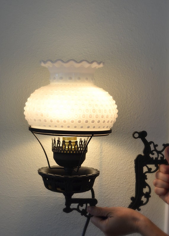 Vintage Wall Sconce Cast Iron with Hobnail Milk by threebrevival