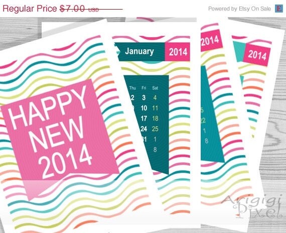 WEEKEND SALE 50% OFF Printable calendar 2014, monthly calendar, merry multi colored wavy background, letter size, Diy, instant download, 8.5 Il_570xn