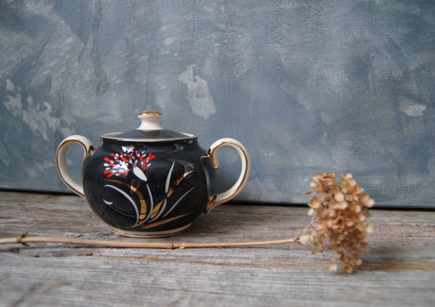 Vintage Sadler Double Handled Black Sugar Bowl with Lid Made in