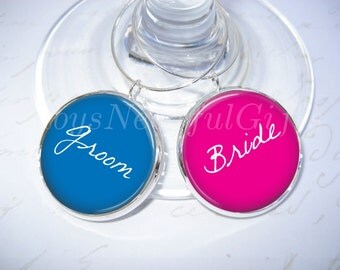 Wedding Wine Glass Charms, Silver Plated Pendant Wine Glass Charms, Bride, Groom, Wedding Reception Wine Glass Charms, SET of 2.