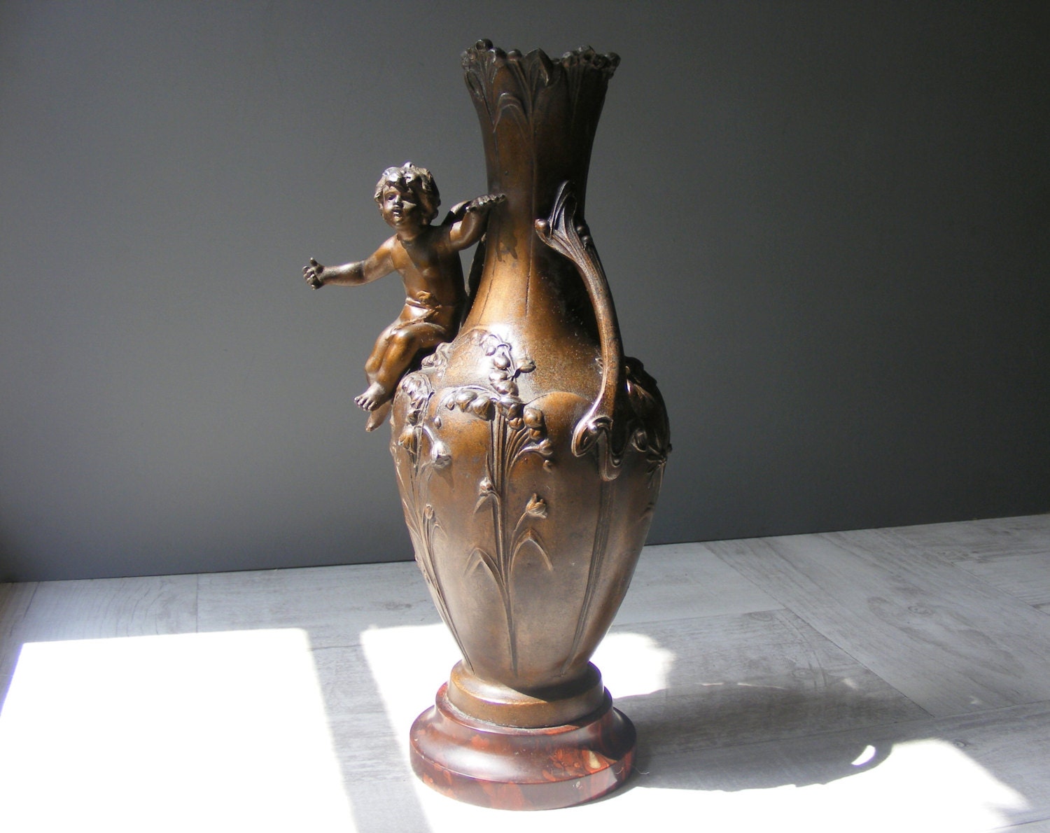 Antique French 19th Large Amphora Vase Cherub and Flowers