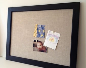 Ex Lg-framed magnetic bulletin board, wedding display,neutral beige-tan linen, fabric covered, photo display, office decor