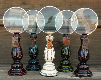 Standing Magnifying Glass.Looking Glass.Kitchen Office Library Helper.Mantle Decor.Elderly Gift.Nerd.Handstamped Message.Mom Gift.Fun.Unique