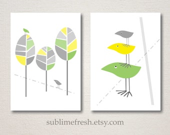 Mid Century Modern Inspired Bird Prints Set 5x7 - Choose your colors