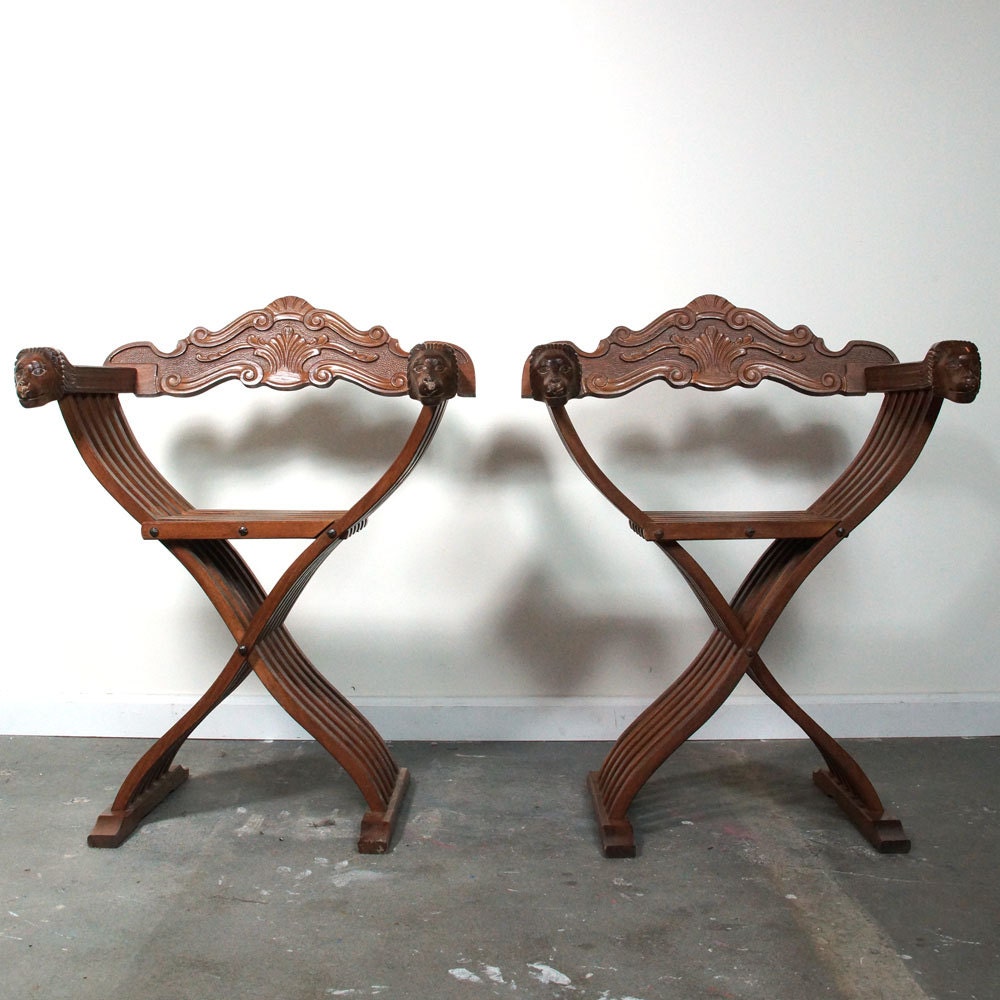 Carved Lion Chairs / X Frame Folding Savonarola Slat Chairs