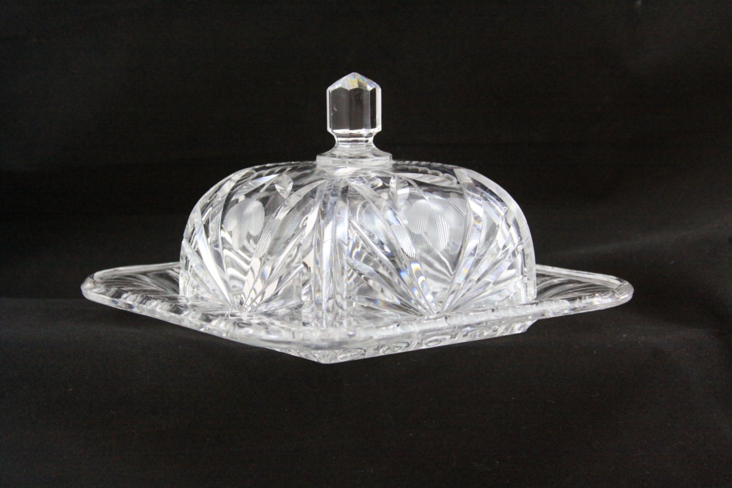 Crystal Butter/Chees Dish With Etched Floral Design Haute Juice