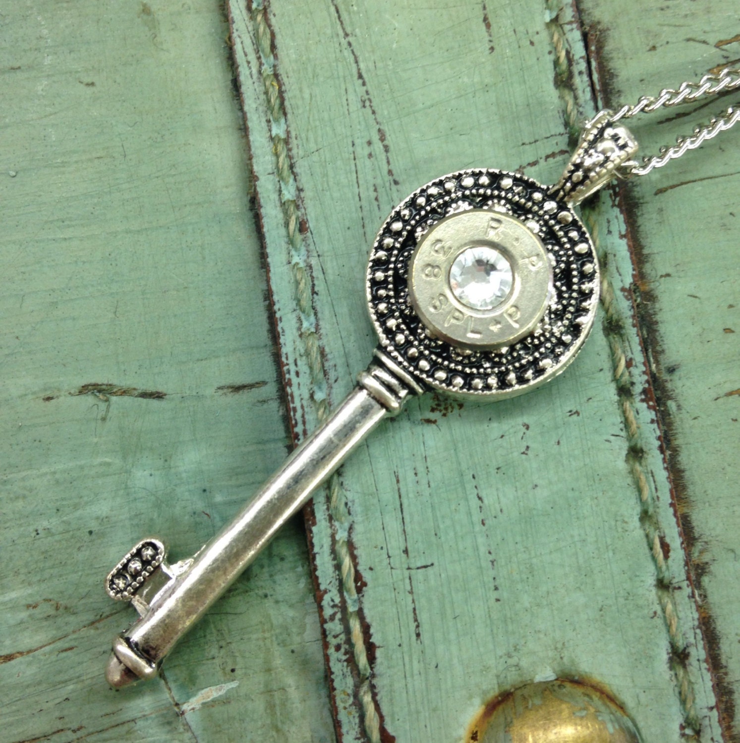 Silver Crystal Key Pendant Necklace with Bullet by BrassCreations
