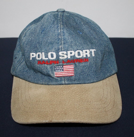 Vintage Polo Sport Ralph Lauren Cap Hat Jeans Denim USA Flag