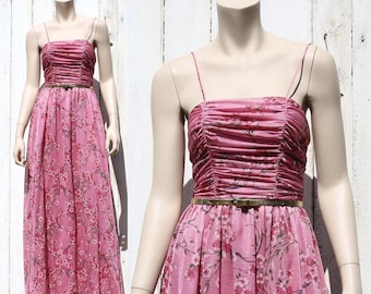 70s Cherry Blossom Festival sheer ruched maxi dress - xs or small