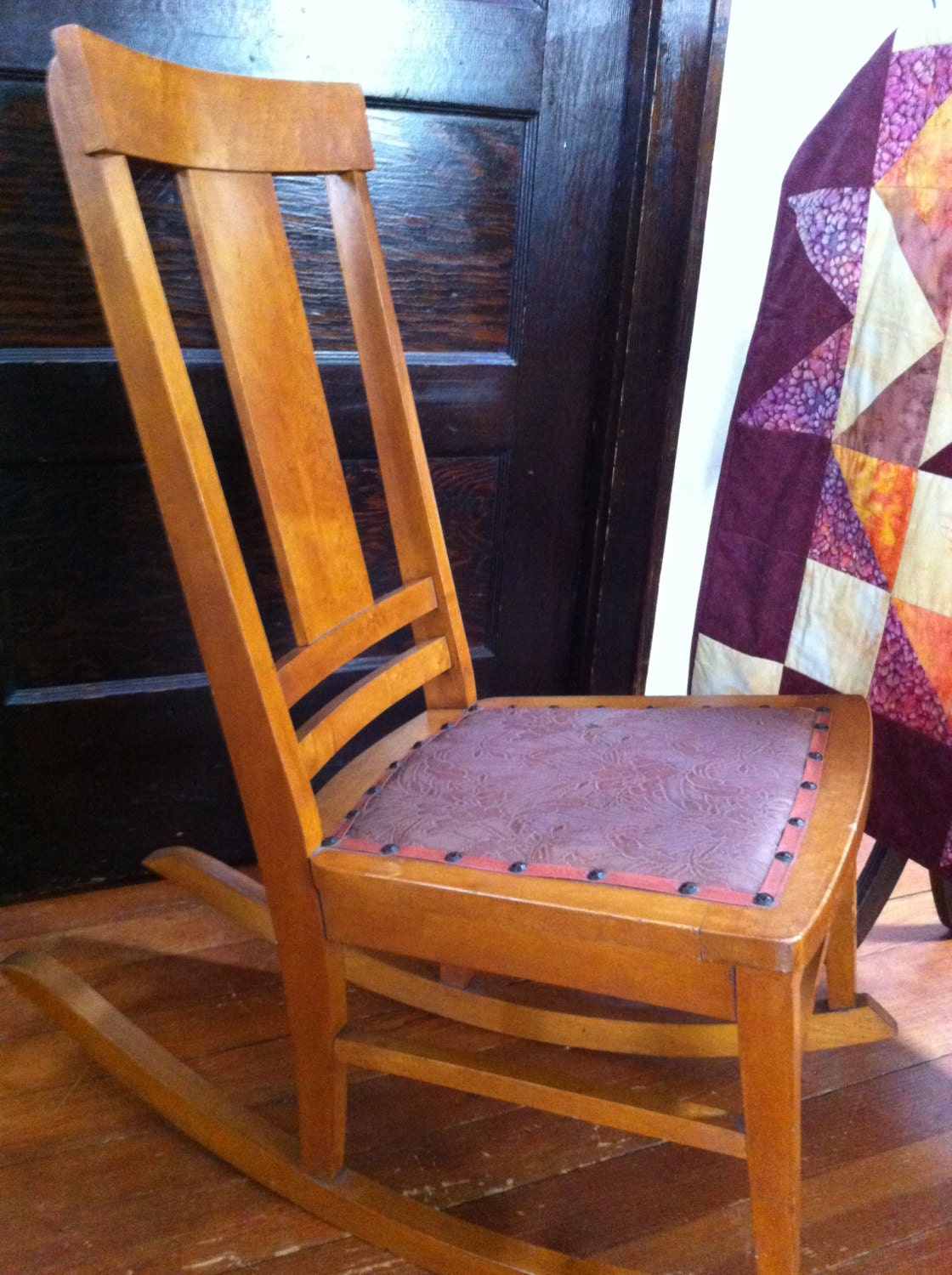 antique sewing rocker curly and birdseye maple Heywood Bros