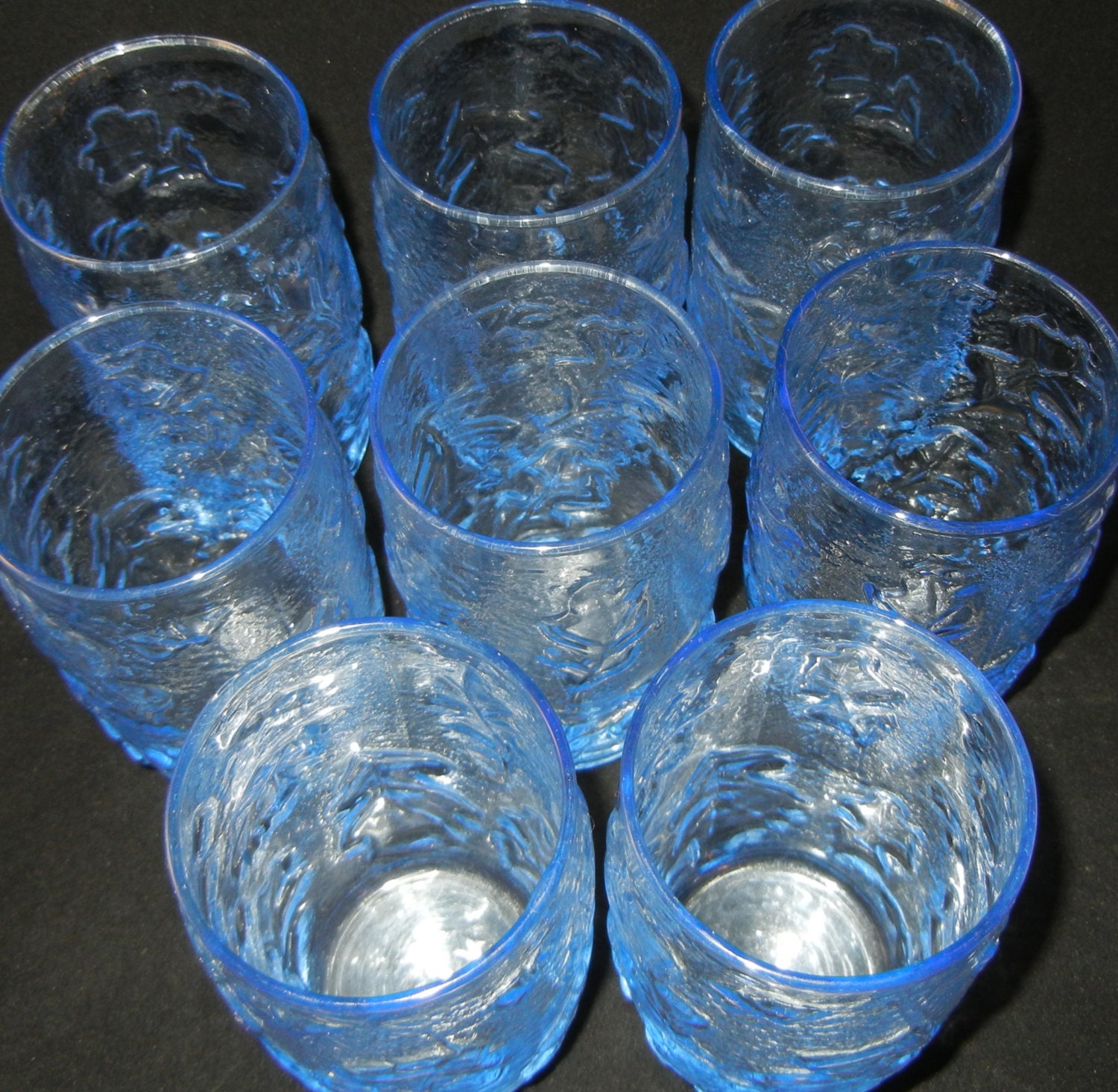 Vintage Blue Leaf Embossed Design Glassware set 8 Large
