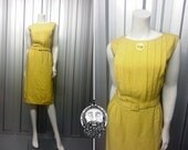 Vintage 50s SAMBO Yellow Wiggle Dress Sheath Pencil Mad Men Button Pinup 1950s Dress Bombshel Dress Pleated Top 60s Sleeveless Dress Belted