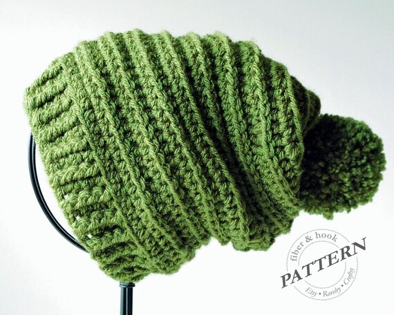 pattern brim hat for with crochet Slouch CROCHET Beanie, Pom Pom  Hat, Ribbed Ridge  PATTERN Slouchy