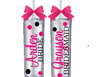 6 Skinny Personalized Bridesmaid Tumblers, Wedding Party Acrylic Tall Tumblers - Set of SIX