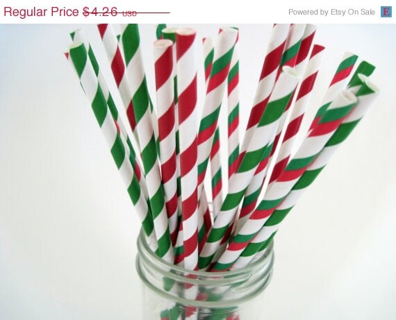 ON SALE 25 Christmas Red and Green Paper Straw Mix - - ships less than 24 hours Il_570xn