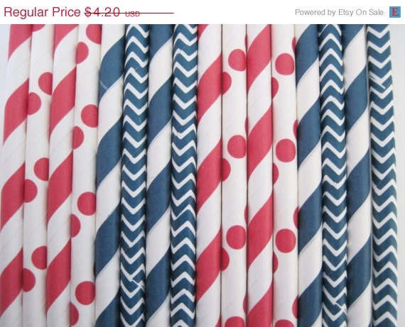 ON SALE 25 Patriotic Red, White and Blue 4th of July Paper Straw Mix - - ships less than 24 hours Il_570xn