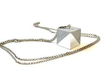 Concrete Cube Necklace with Silver triangle leafing/ Minimal Jewelry / Concrete Jewelry / Cement necklace