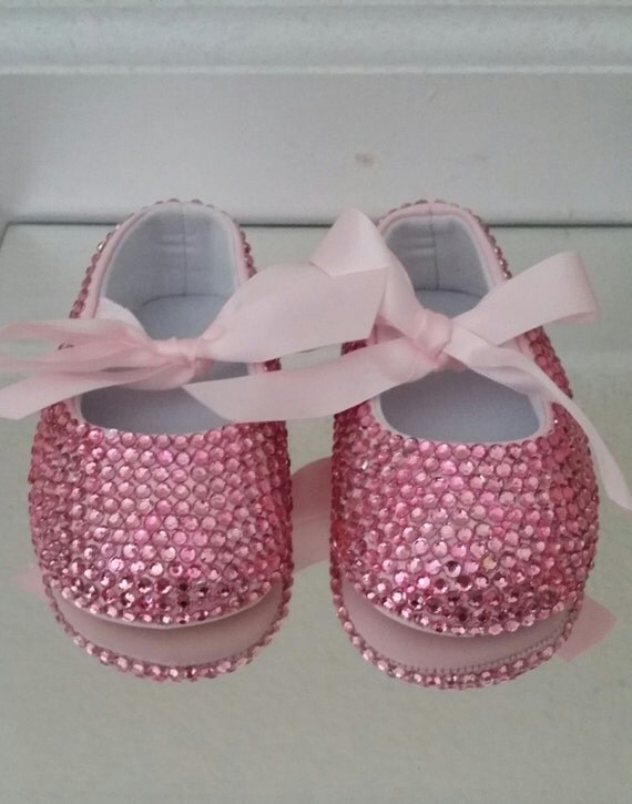 Items similar to Beautiful Pink Rhinestone Baby Girl Crib Shoes/Soft