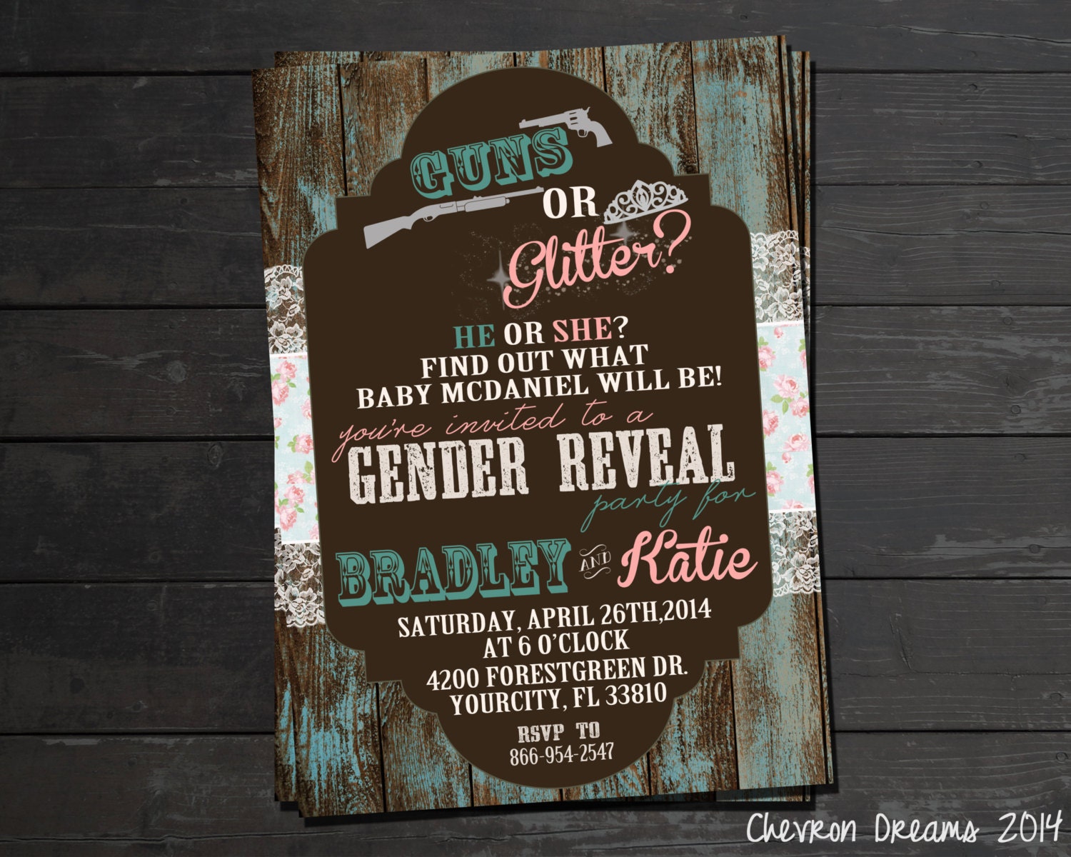 Guns or Glitter Gender Reveal Invitation with Printing