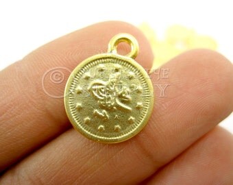 10 pc Gold Coin Charms with Enameled Evil Eye Matte 22K Gold