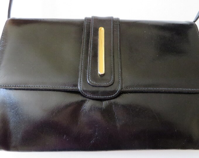 Black Leather Bag, Vintage Shoulder Bag, 1960s Black Purse, Mod Style Long Handled Bag