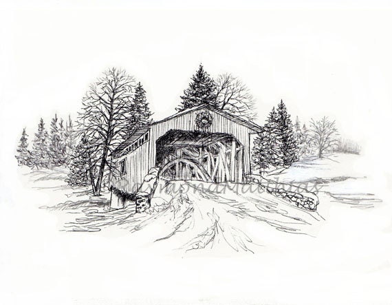 Covered Bridge Christmas Holidays winter matted print drawing