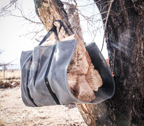 Large Waxed Canvas Log FIrewood Carrier Tote Gray