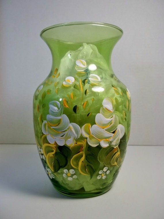 A Vintage Green Glass Vase Hand Painted Original Design