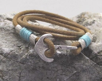 Unisex leather bracelet | Natural leather | Blue Yarn | multi strand | men's bracelet | silver plated | anchor clasp | leather bracelet