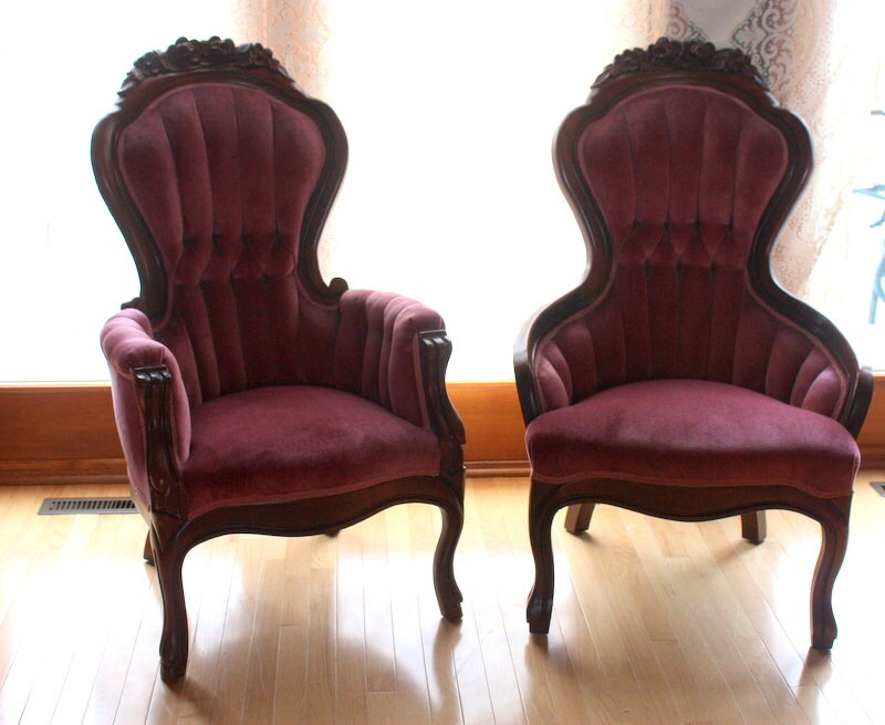 Vintage Pink Velvet Victorian His or Her Side Chairs with