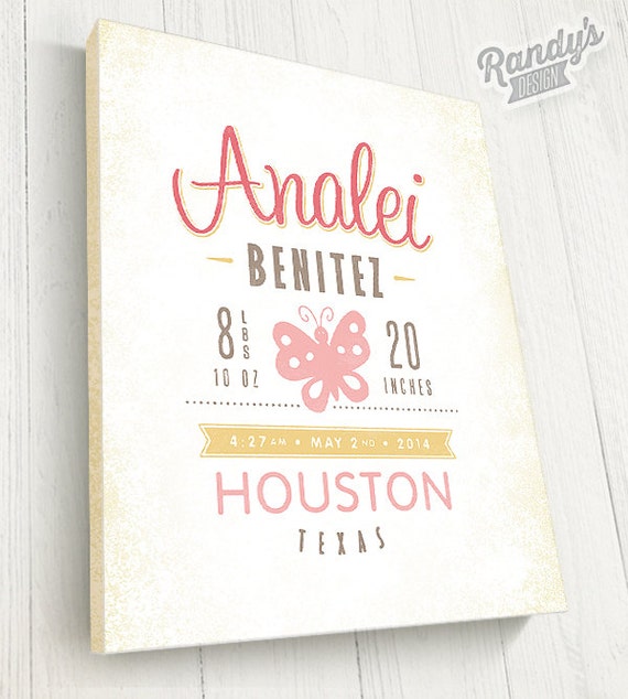 Birth Announcement Wall Art, Custom Birth Announcement Canvas Art with Baby Name and Butterfuly, You pick colors and animal, Premium Canvas