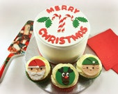 Christmas Party Package - One 6 Inch Christmas Fondant Cake Topper and 12 Christmas Cupcake Fondant Toppers, Santa, Elf, Reindeer Il_170x135