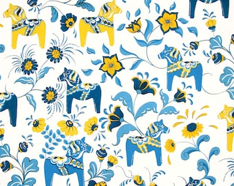 Scandinavian Swedish Dala Horses and Kurbits Flowers on White Fabric with Blue and Yellow Horses
