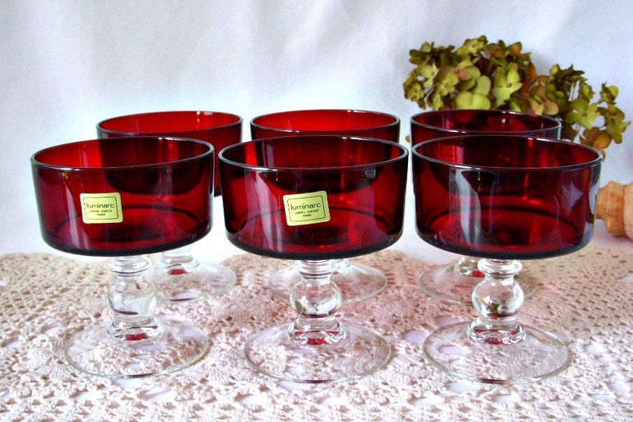 Vintage Ruby Red Dessert Glasses With Clear Ball Stems