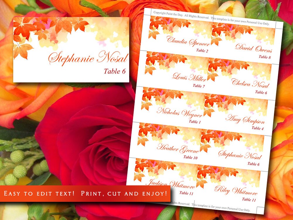 DIY Wedding Place Cards Template Watercolor Fall