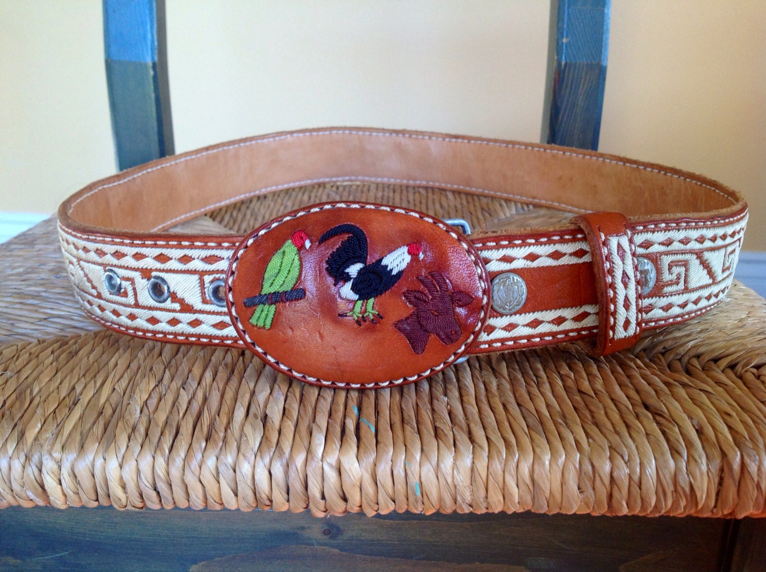 Vintage Mexican Embroidered Leather Belt by CactusBlossomVintage