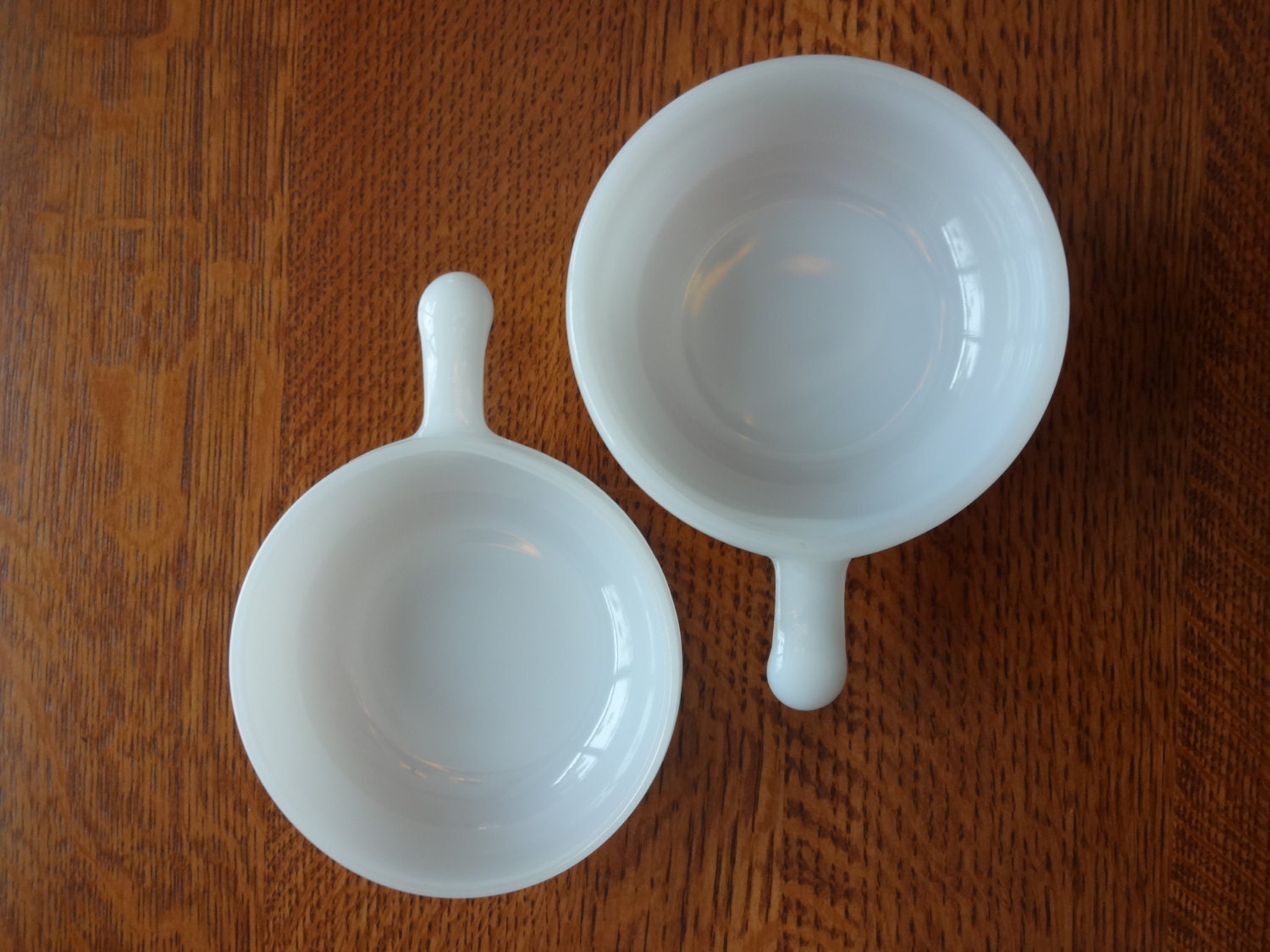 Fraternal Set of Two Small Vintage Utility Bowls, with Handles, White