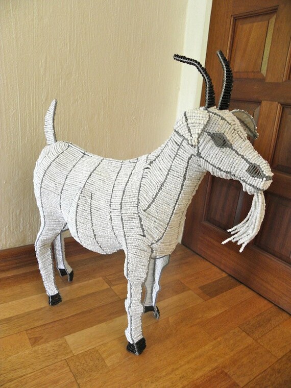 African Beaded Wire Animal Sculpture GOAT MEDIUM White