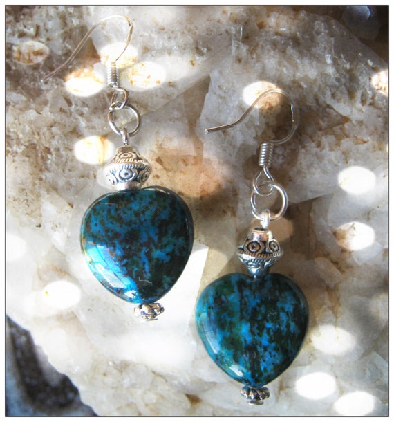 Handmade Silver Earrings with Chrysocolla Hearts by IreneDesign2011