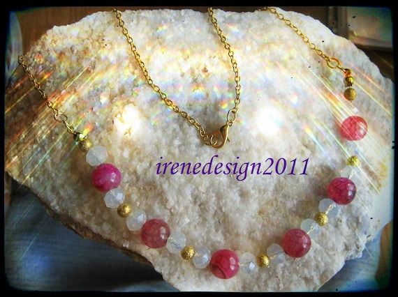 Handmade Gold Necklace with Pink Dream Dragon Vein Agate & Facetted White Opal by IreneDesign2011