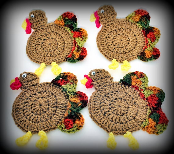 Items similar to Turkey Fall Coasters Crochet Thanksgiving Set of 4 on Etsy