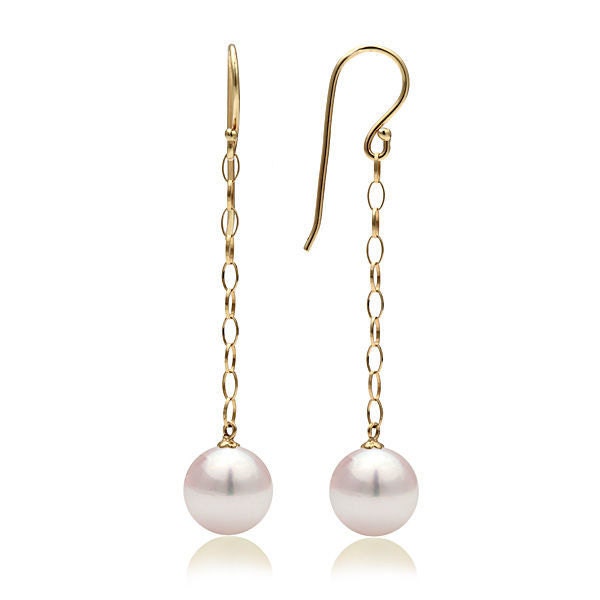 Pearl Chain Dangle Earrings 14K Yellow Gold Drop Earrings