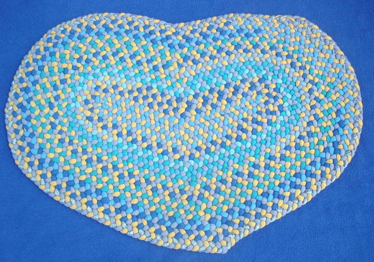 Hand Braided Heart Shaped Wool Rug Blue Gray and Gold