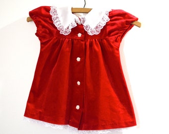 Vintage Baby Girl Red Velvet Dress White Lace Collar Puff Sleeves Flower Buttons 18 months Red Christimas Dress