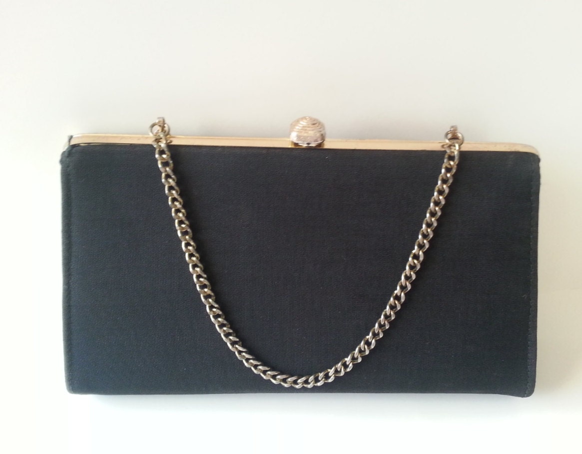 Vintage Black handbag with gold chain strap by ChestnutHillDrive